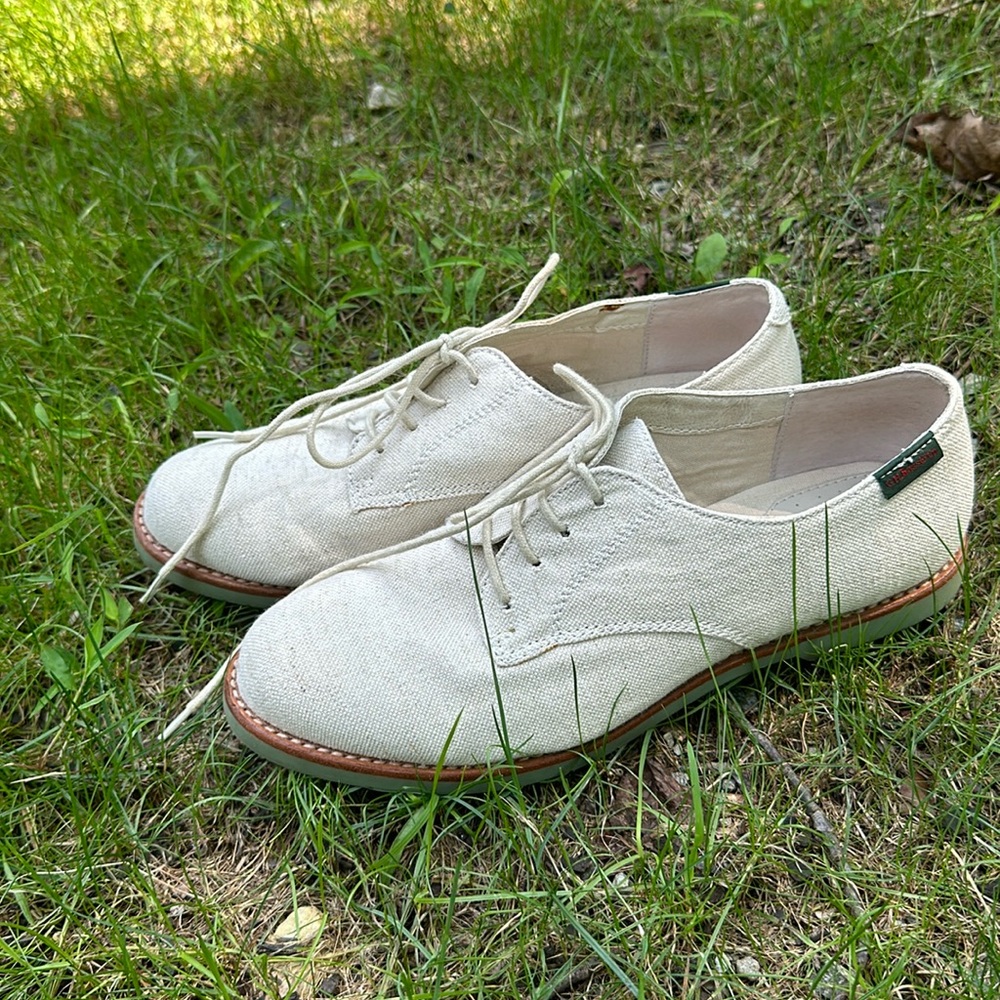 GH Bass Elly canvas cream loafers with special green bottoms